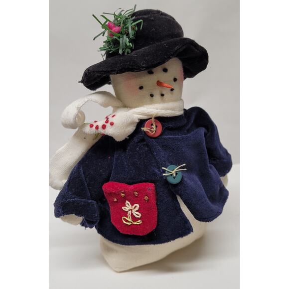 Snowman Frosty Dark Blue Velvet Coat Black Hat Weighted Bottom 6 1/2 in tall - Picture 6 of 7